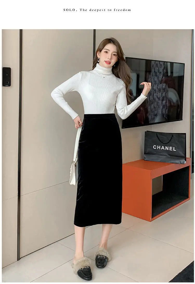 Elegant Velvet Black Long Skirts Women Autumn Winter High Waist Faldas Korean Fahion Clothing Office Ladies Bodycon Midi Skirt - reetell