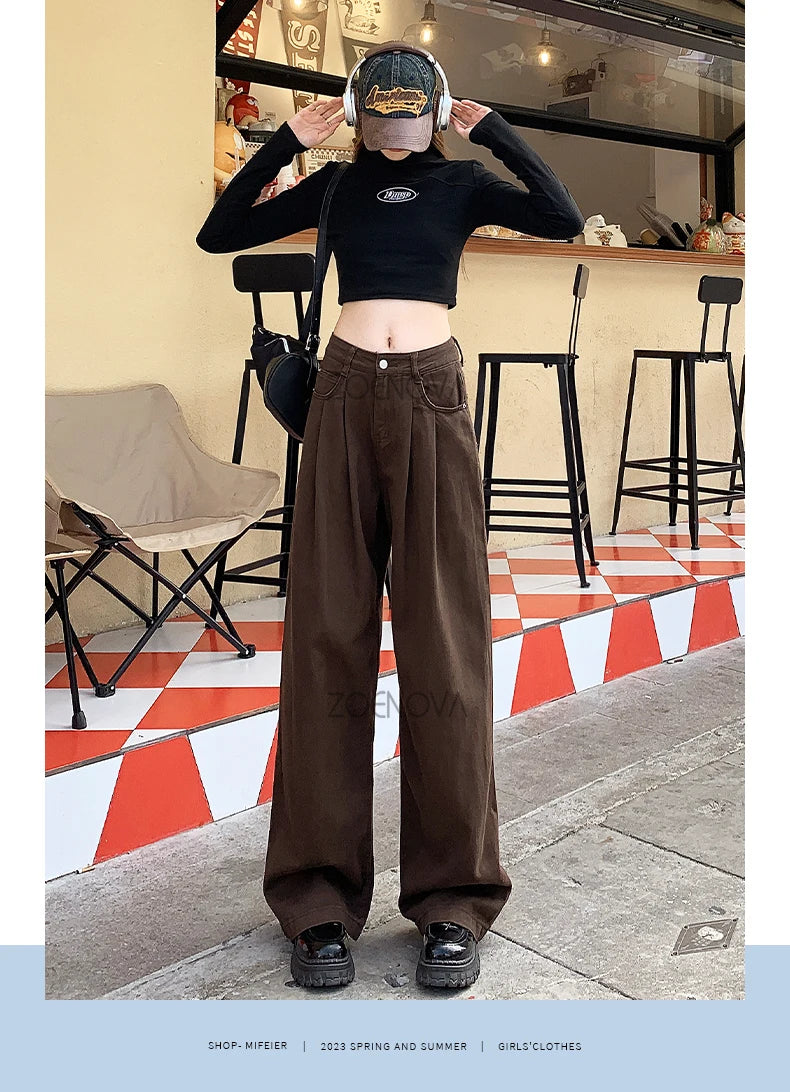 ZOENOVA Spring Autumn Korean New Fashion Dark Brown Women's Jeans Street Casual Wide Leg Pants Loose Straight Versatile Trousers - reetell