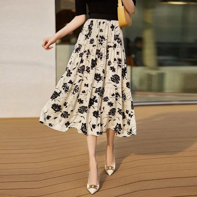 New Spring and Summer Women's High Waist Loose Elastic Pleated Korean A-Line Printed Classic Fashion Casual All Match Skirt - reetell