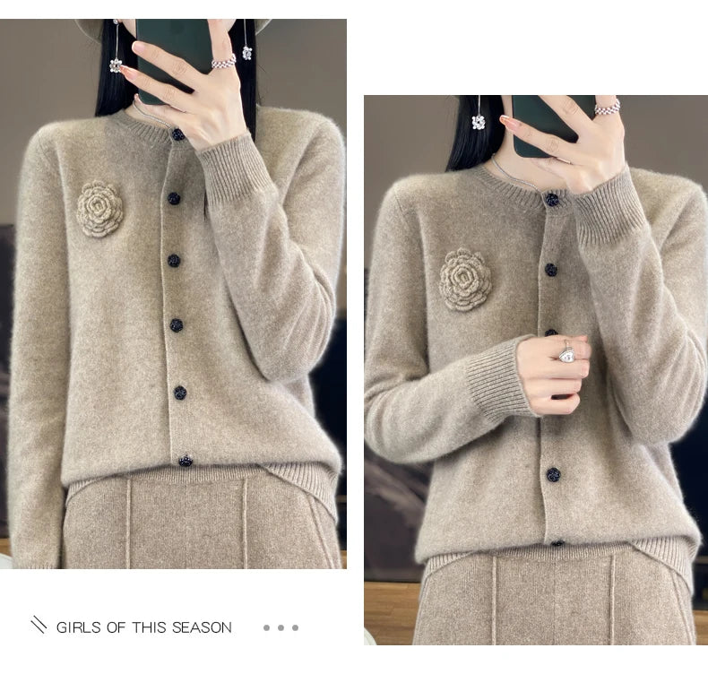 100% Merino Cashmere Sweater Women's Cashmere Cardigan sweater loose solid color autumn and winter comfort top - reetell