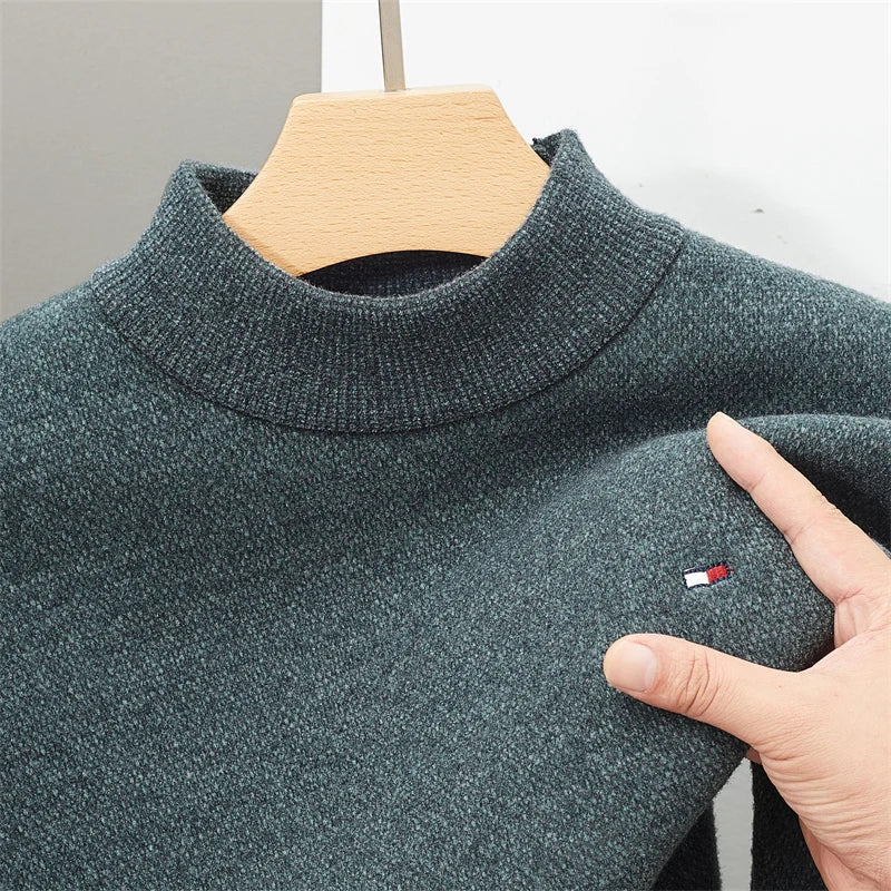 New Brand Men's Knitted Sweater Winter Mock Neck Warm Casual Solid Color Embroidered Pullover Korean Fashion Casual Men Clothing - reetell