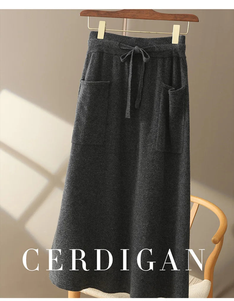 Autumn And Winter100% Pure Wool Skirt Women's Long Pocket Small A Skirt High Waist Slim Cashmere Knit A-Line Skirt - reetell