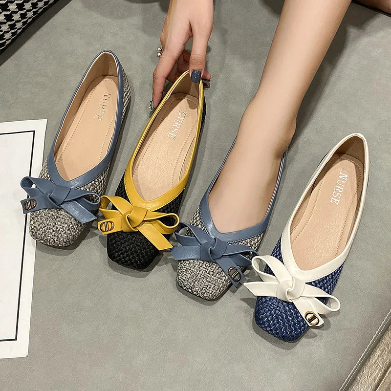 Women's Shoes 2024 New Woven Bow Square Toe Women's Ballet Flats Female Soft Sole Large Fashion Women's Shoes Chaussure Femme - reetell