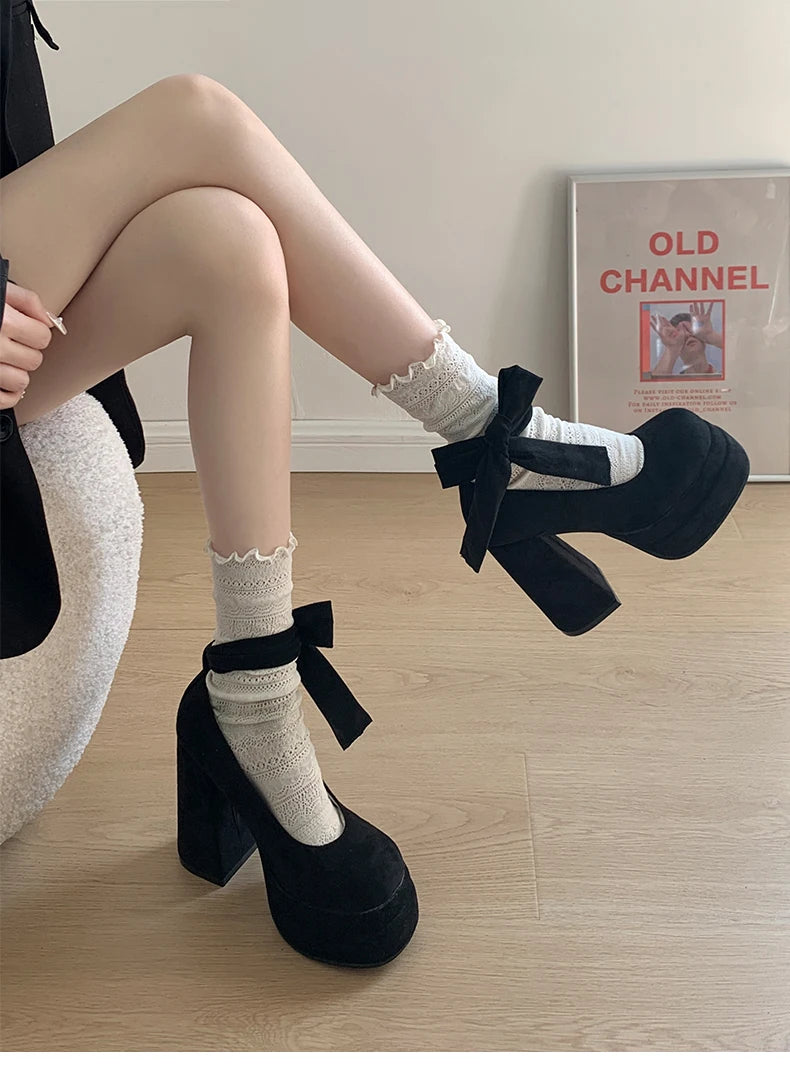 Designer Platform Women Mary Jane Shoes Fashion Elegant Cross Strap Thick Heel Shoes Ladies College Style Dress Pumps Shoes