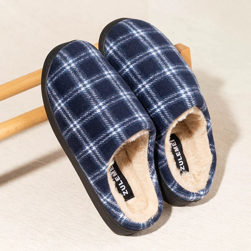 New Men's Striped Warm House Fleece Cozy Non-slip Plaid Cotton Mops Couples Slippers Winter Soft Indoor Bedroom Couples Shoes