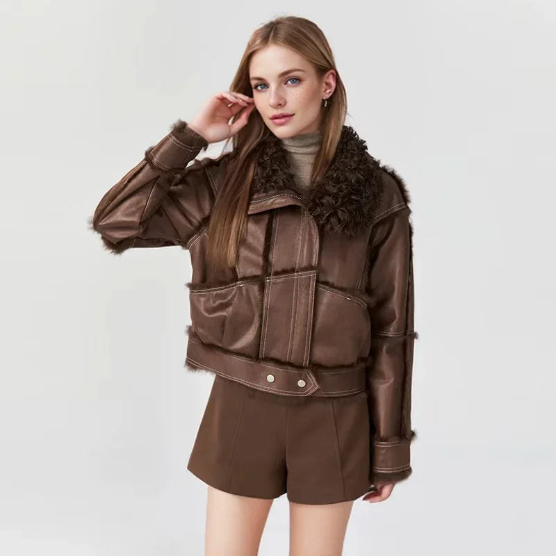 2024 Winter Short Style Fur Women Sheepskin Jacket Tanned Suede Luxury With 100%Natural Rabbit Lining Luxury Fashion Fur Coat - reetell