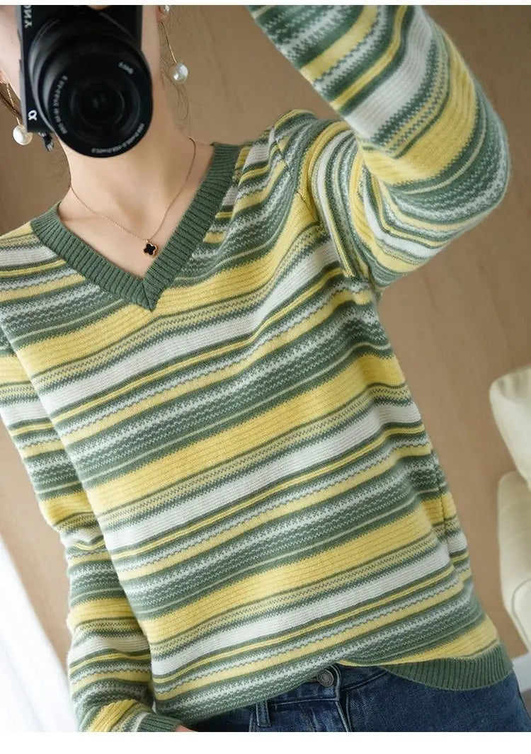 Autumn Winter Elegant Fashion Rainbow Knitting Tops Women All Match Casual Knitwear Long Sleeve Stripe Sweaters Thick Pullover - reetell