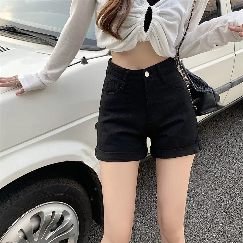 150cm Petite Girls Versatile Rolled Edge Denim  Women With High Waistretro Slim Fit XS Size Showing Slim Hot Pants Summer Wear - reetell