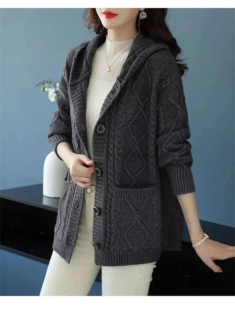 Hooded Sweater Spring And Autumn Mother Sweater Jacket Female Jacket 2023 New Loose Pocket Zipper Knitted Cardigan Mom HoodyCoat - reetell