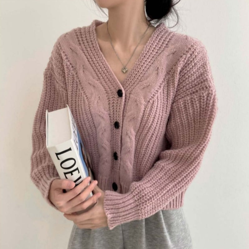 Button Front Cable Knit Cardigan Women's Vintage Long Sleeve Sweater Jacket Ladies Korean Fashion Autumn Winter Knitwear - reetell