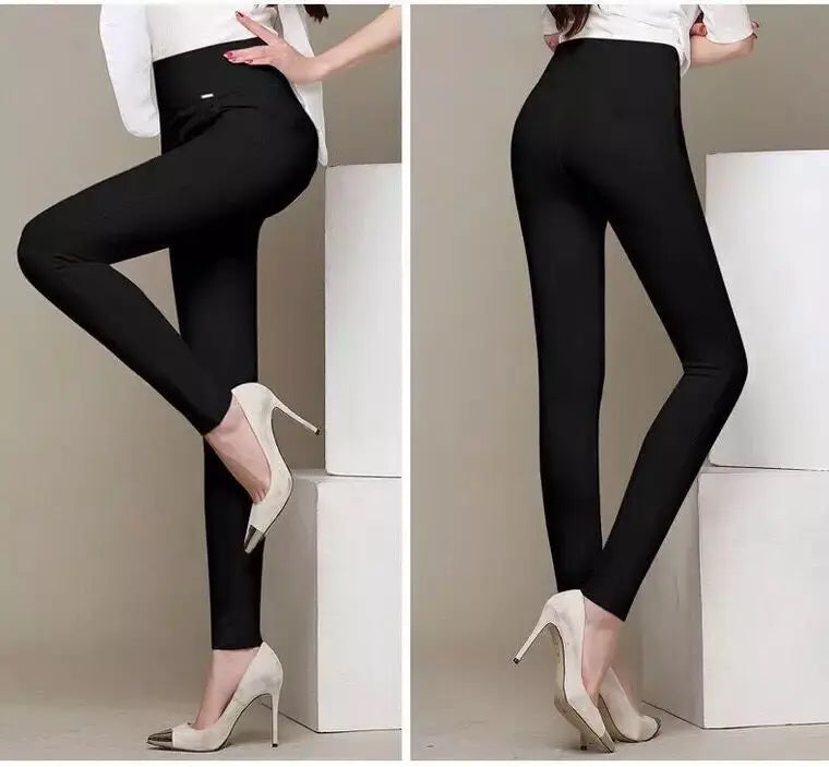 Spring New Korean Black High Waisted Elastic Leg Pencil Pants Women's Solid Pockets Versatile Fashion Casual Straight Trousers - reetell