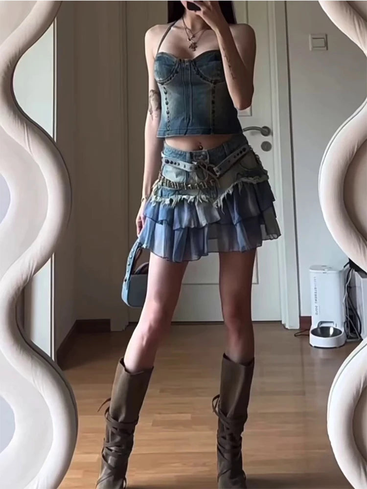 Summer Women Korean Fashion Gauze Patchwork Mini Denim Skirt Cutecore Gyaru Coquette 2000s Coquette Y2k Streetwear Grunge Design - reetell