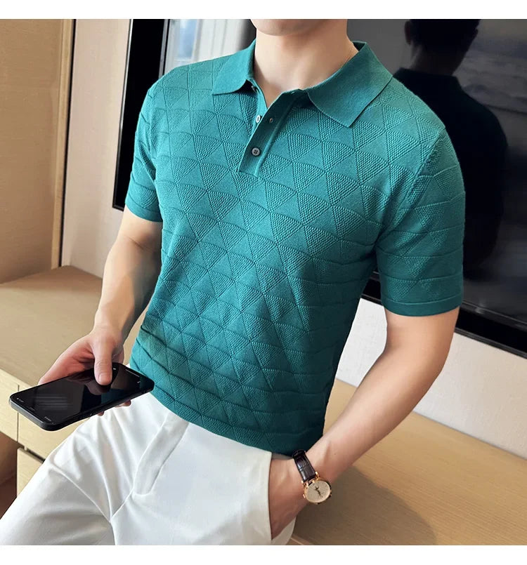 High-quality Men's Jacquard Polo Shirt, Business Casual Men's Solid Color Short-sleeved Top,  Geometric Pattern Men's T-shirt.