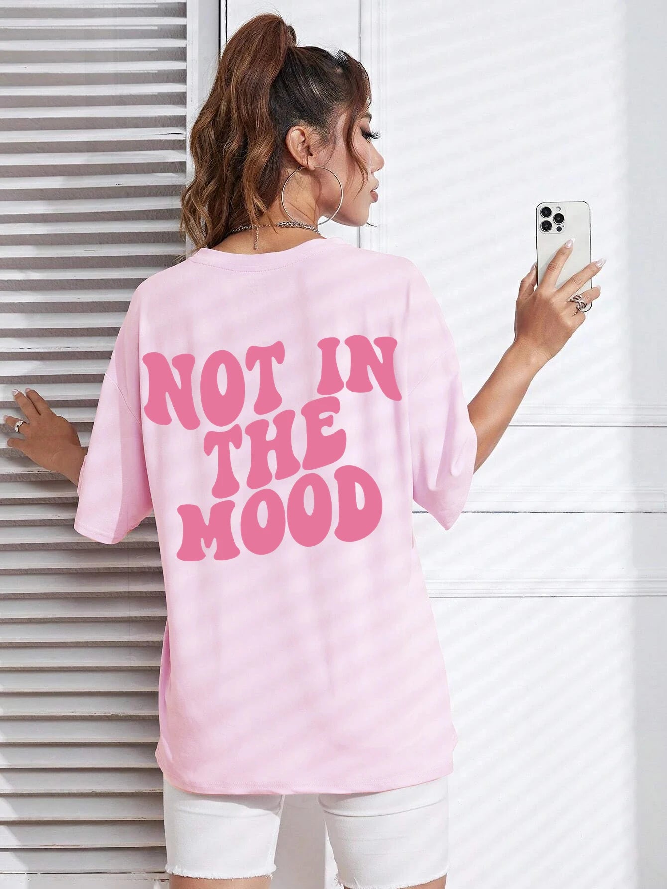 Not In The Mood Pink Letter Print T-Shirts Women Summer Cotton Clothing O-Neck Oversized Short Sleeve Breathable Casual Tshirt - reetell