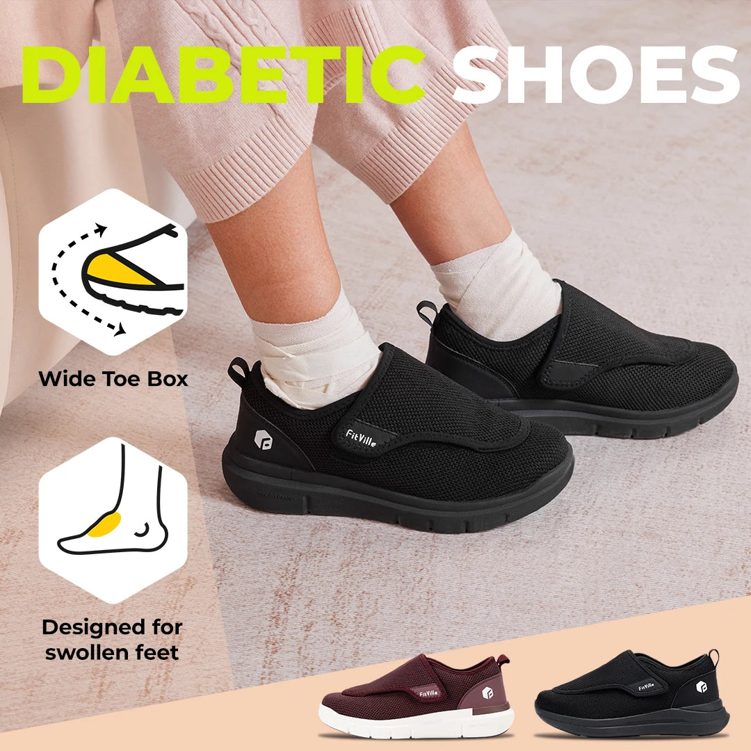 FitVille Extra Wide Women's Diabetic Shoes Adjustable Walking Shoes for Elderly Orthopedics Wide Feet Swollen Foot Pain Relief