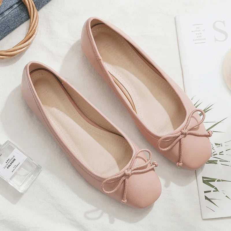 Women Flats Square Head Bowknot Pink Ballet Flats for Women Small Size 31 32 33 34 Big Size 44 45 46 Solid Color Soft Sole Bow - reetell