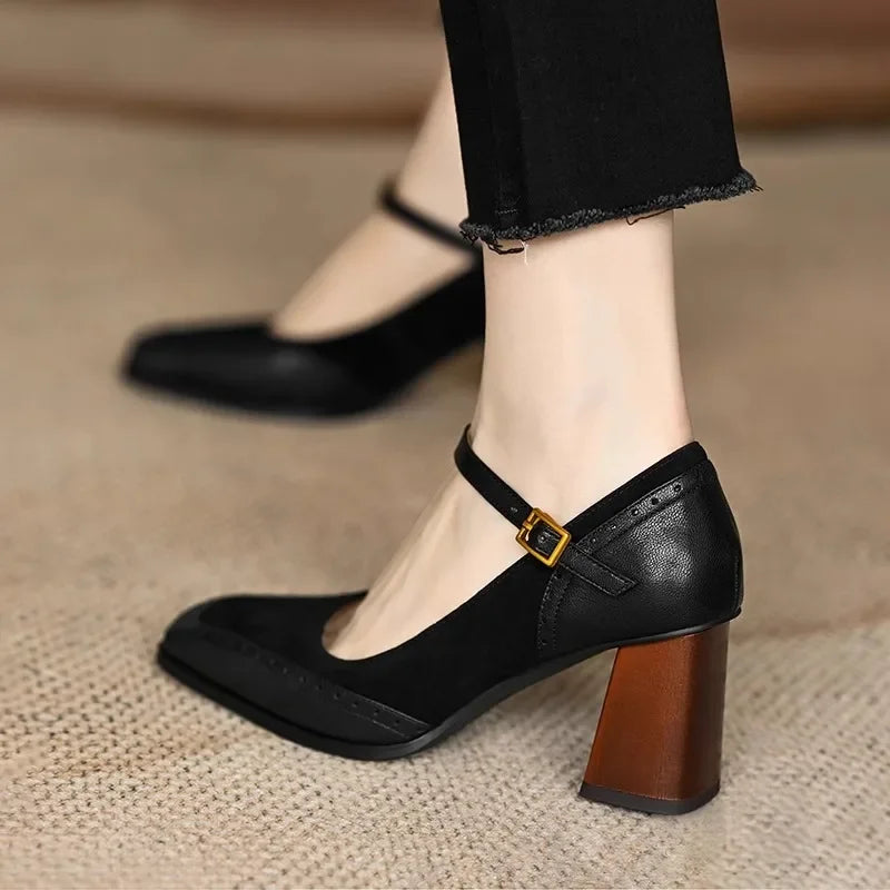 2024 Mary Janes Vintage Black Sandals Woman Buckle Non-Slip Casual Medium Heels Office Ladies Solid Elegant Heels Korean Summer - reetell