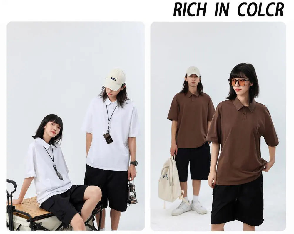 240 Grams Thickened Solid Polo Shirt Heavyweight Cotton Drop Shoulder Lapel Short SleeveTees