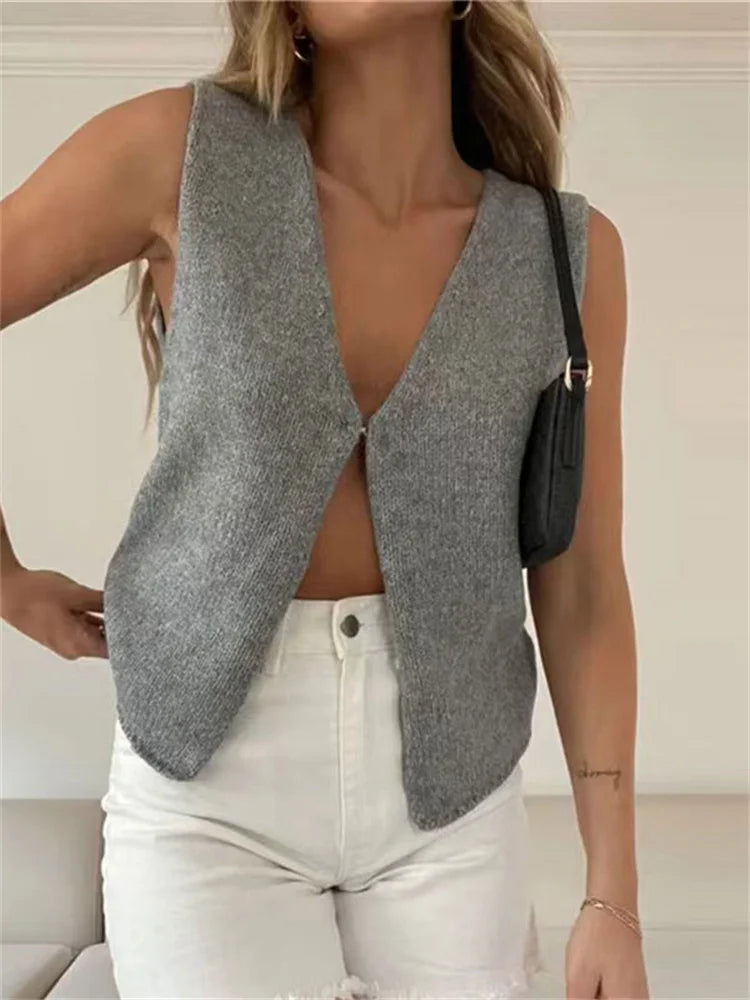 Tossy Female Hollow Out Knit Cardigan Sexy Sleeveless Baggy High Street Tank Top Summer V-Neck Slim Fashion Women Vest Y2k Top - reetell