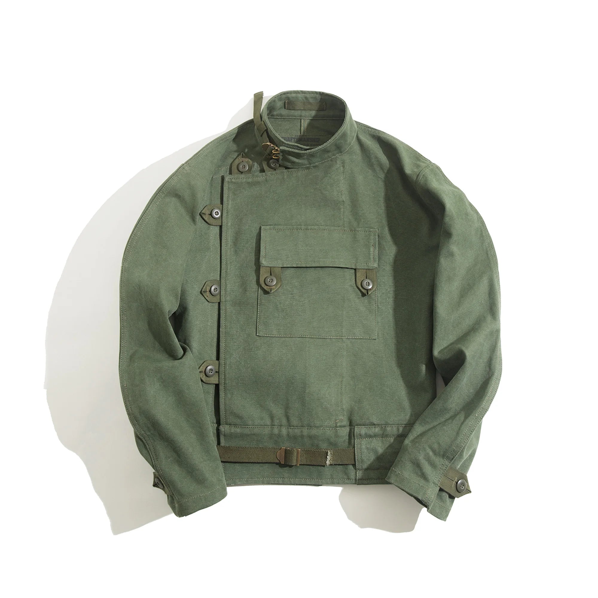 Maden Green Retro bomber Jackets Misplaced Oblique Buckle Swedish Motorcycle Men's AMEKAJI Cotton Autumn Winter Coat - reetell