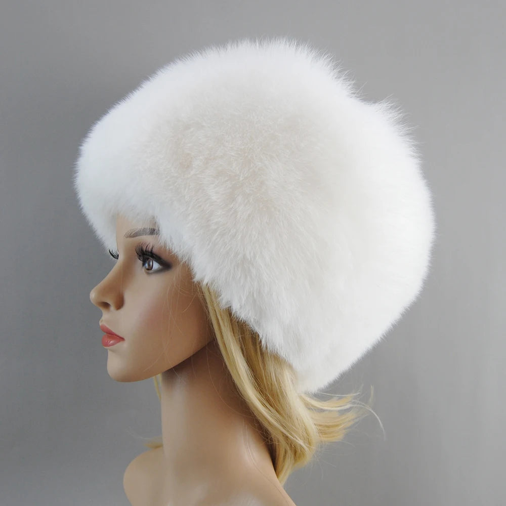 2024 Russian Style Female Round Cap Fashion Real Fur Hats Natural Fox Fur Women Winter Warm Bomber Hat Fluffy Popular Beanies - reetell