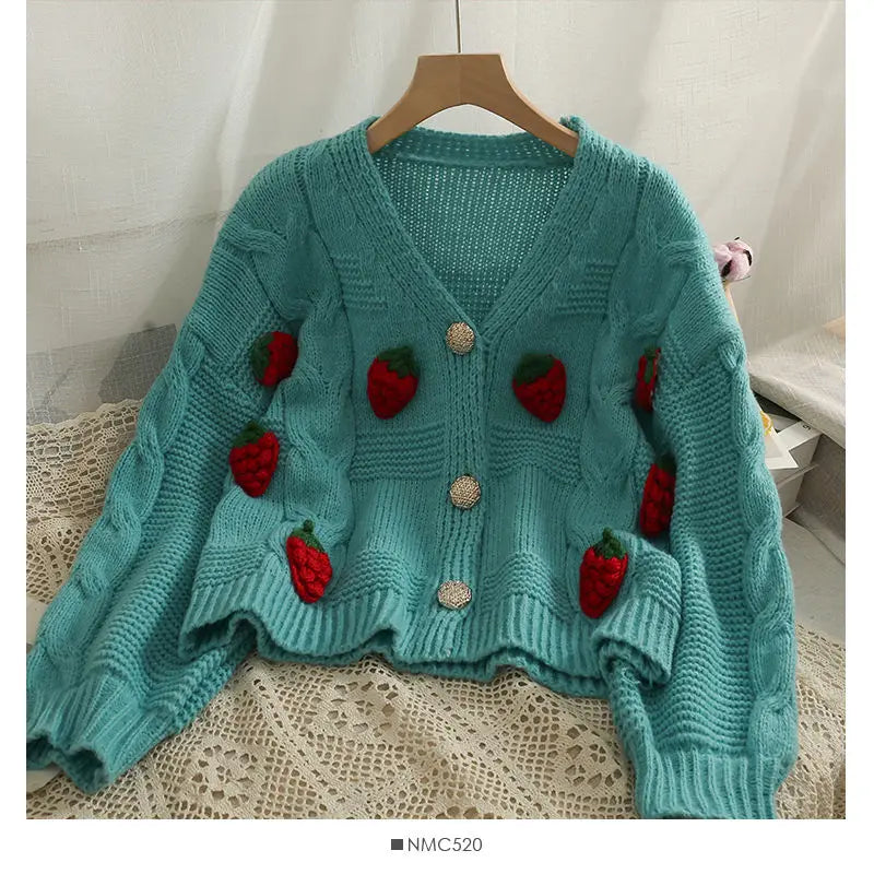 Strawberry Spliced Cardigan Women Knitting All-match Stylish Кардиган Женский Long Sleeve Sweaters Ropa Mujer Elegant Ulzzang - reetell