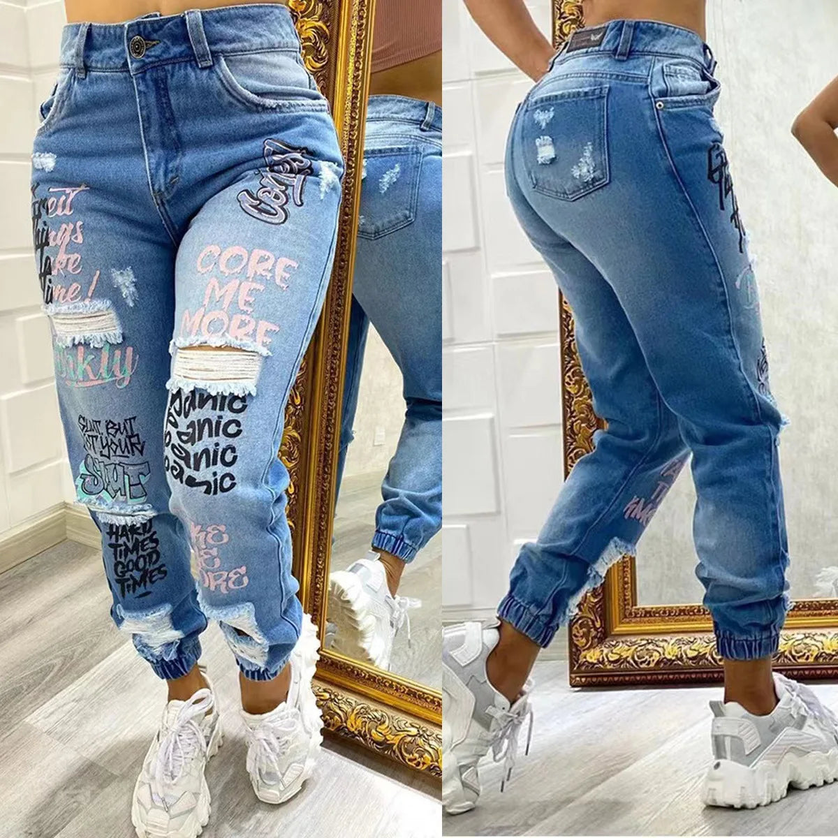 2024 New Letter Print Slant Pocket Ripped Jeans Casual Jeans Women - reetell