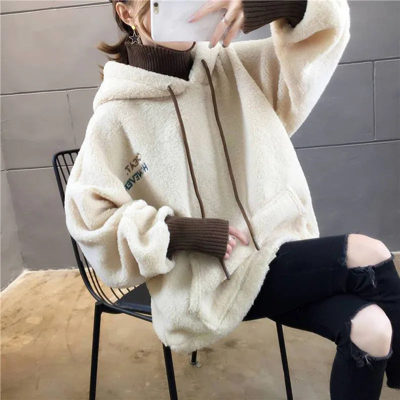 Faux Lamb Sweatshirt Women Loose Fake Two Piece Fashion Hoodies Fluffy Big Pocket Letter Long Sleeve Winter Female Tops - reetell