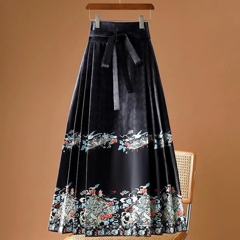 Maxi Chinese Style Horse Face Skirts Women Hanfu Vintage Harajuku Saia Casual Long Print Pleated Skirt Woman Clothing Faldas - reetell