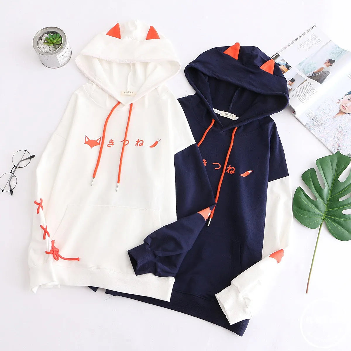 Hot Autumn Cute Fox Printing Hooded Sweatshirt Women Clothing Pullovers Plus Velvet Patchwork Female Sweet Thick Warm Hoodies - reetell