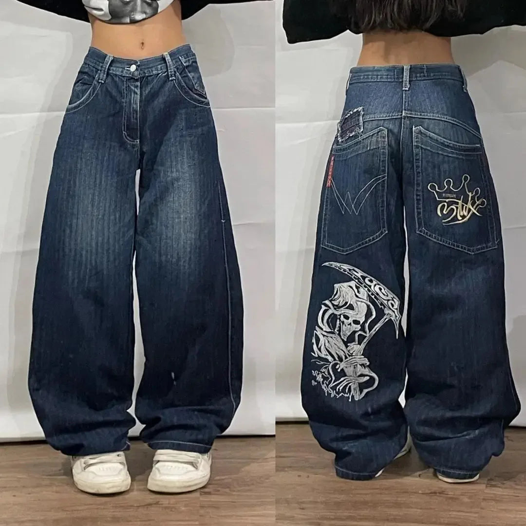 Deeptown Vintage Y2k Oversized Jeans Harajuku Streetwear Hip Hop Embroidery Denim Pants Baggy Japanese 2000s Gothic Trousers - reetell