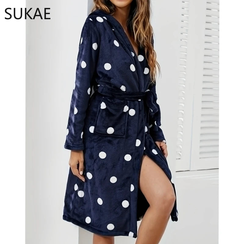 SUKAE Winter Women Sleepwear Fluffy Soft Flannel Bathrobe for Woman Polka Dots Thermal Robes for Lady Clouds Grey Robe for Girl - reetell