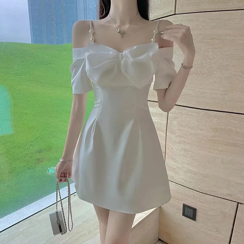 Zoki Bow Sexy Slash Neck Dress Women Summer Korean Elegant White Mini Dress Fashion All Match Party Night Camis Vestidos - reetell