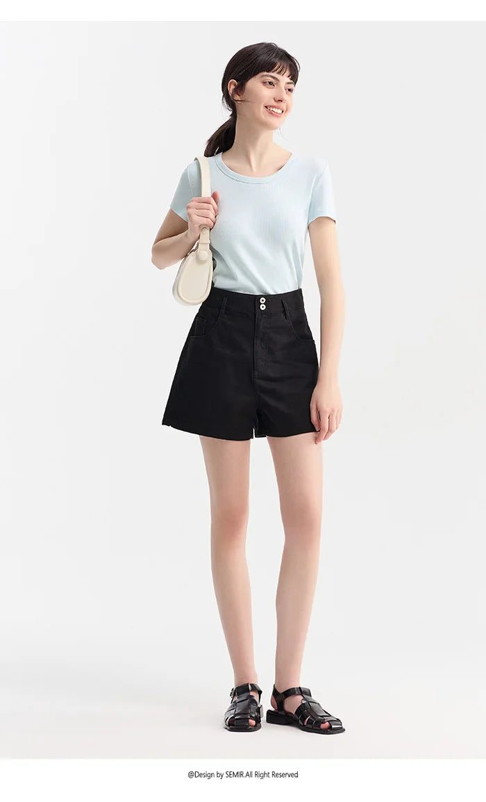 Semir Casual Trousers Women High Waisted Open Show Leg Length 2024 New Summer Ins Tide Simple Basic Shorts Versatile - reetell