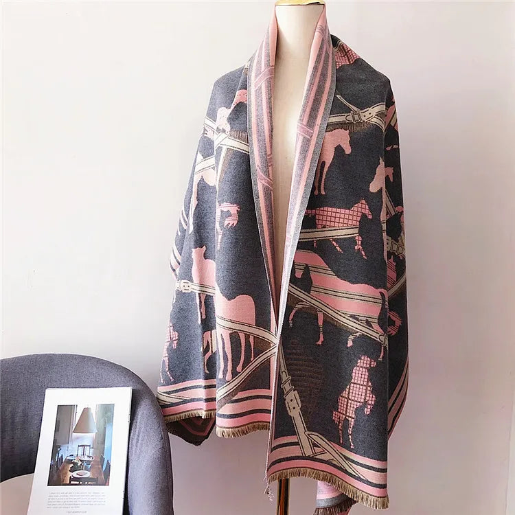 Women's Autumn Winter Horse Pattern Scarf New Luxury Cashmere Feeling Large Blanket Wrap Soft Warm Brand Shawl Retro & Classical - reetell