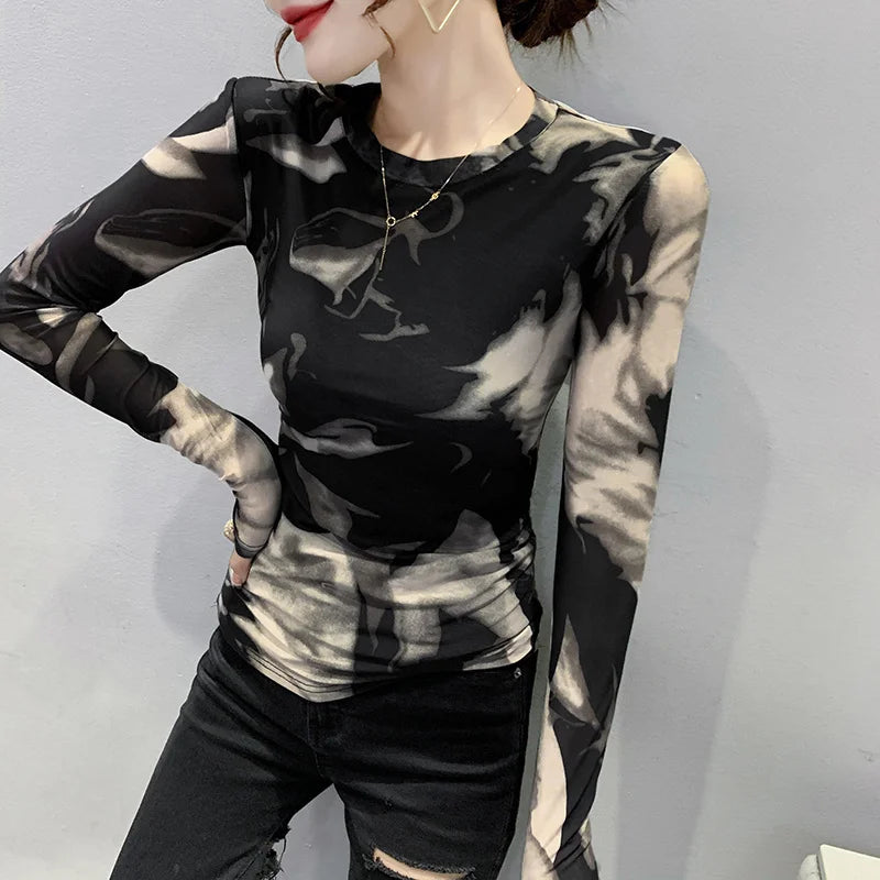 #8103 Tie Dye Printed Black T Shirt Women O-Neck Casual Elastic Skinny Mesh T Shirt Female Vintage Long Sleeve Woman T-shirts - reetell