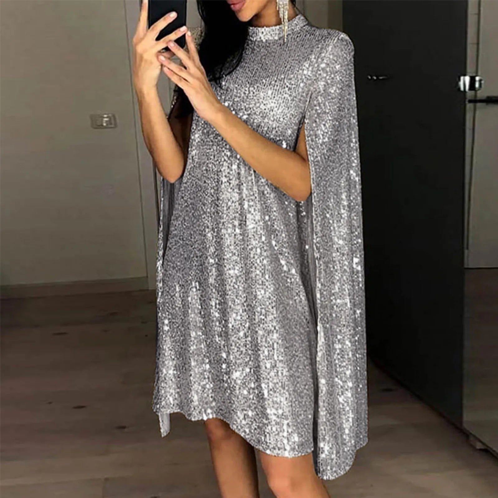 Fashion Sliver Sequins Cloak Sleeves High Neck Evening Party Dress for Women Sexy Elegant Temperament Cocktail Prom Dresses - reetell