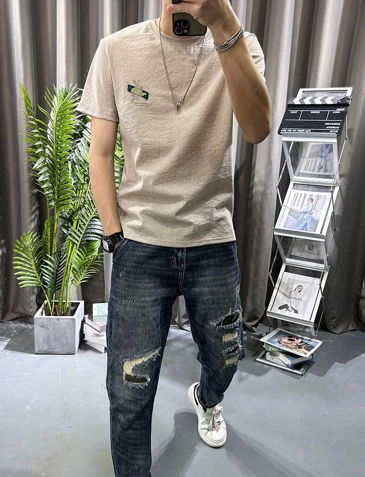 Male Tees Shirts White Linen Tops Katoen Print Men's T-shirt Graphic Streetwear Korean Popular Clothes Basic Wholesale Harajuku - reetell