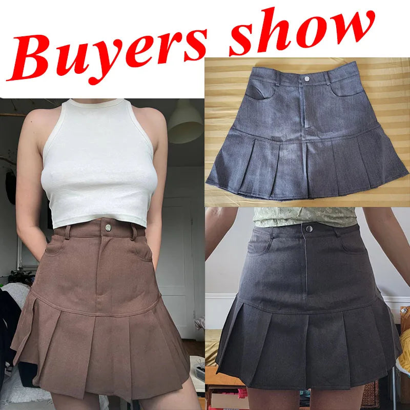 Y2K Vintage High Waist Pleated Skirt Women College Style Uniforms Safety Pants Mini Skirts Woman Korean Street Slim A-Line Skirt - reetell