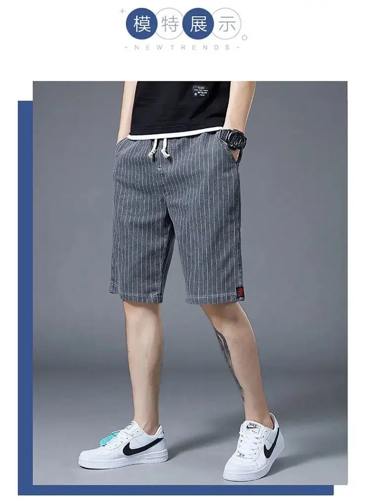 Summer Men Casual Striped Denim Shorts Koreon Streetwear Fashion Elastic Waist Baggy Male Thin Beach Sports Knee Length Jeans - reetell