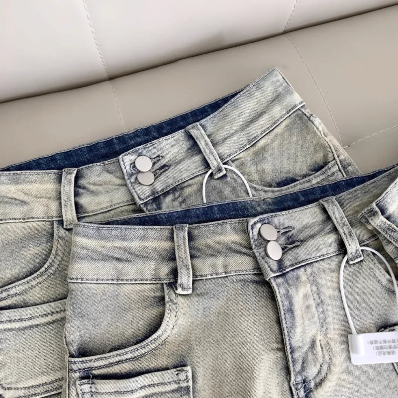 Korean Style Hottie Low Rise Denim Shorts Summer Women's Feel Club Made Old Pocket Cotton Spring Straight Round Hip Denim Shorts - reetell