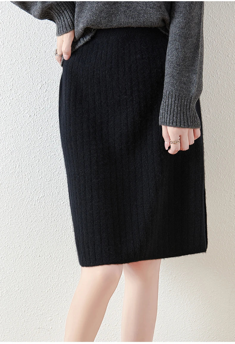 Women's Knitted Skirt 100% Merino Wool Sheath Skirt Solid Color Autumn/Winter Fashion Vertical Strip Wrap Hip Skirt Split Skirt - reetell