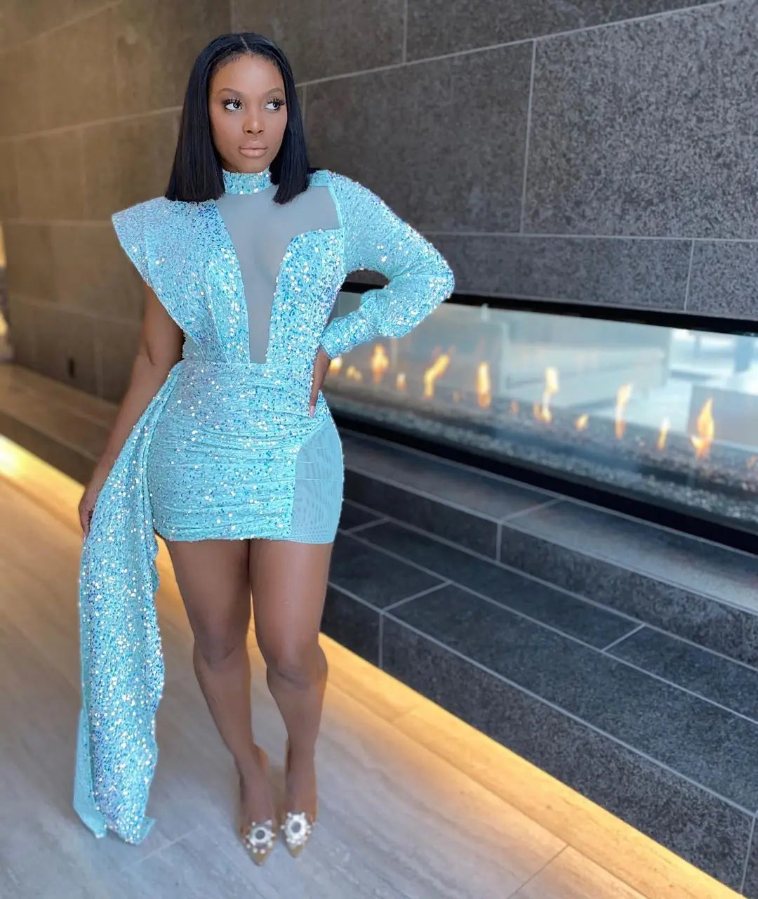 2022 Women Sequin Mini White Dress Party See Through High Neck Sexy Long Sleeve Bodycon Tail Short Evening Elegant Dresses - reetell