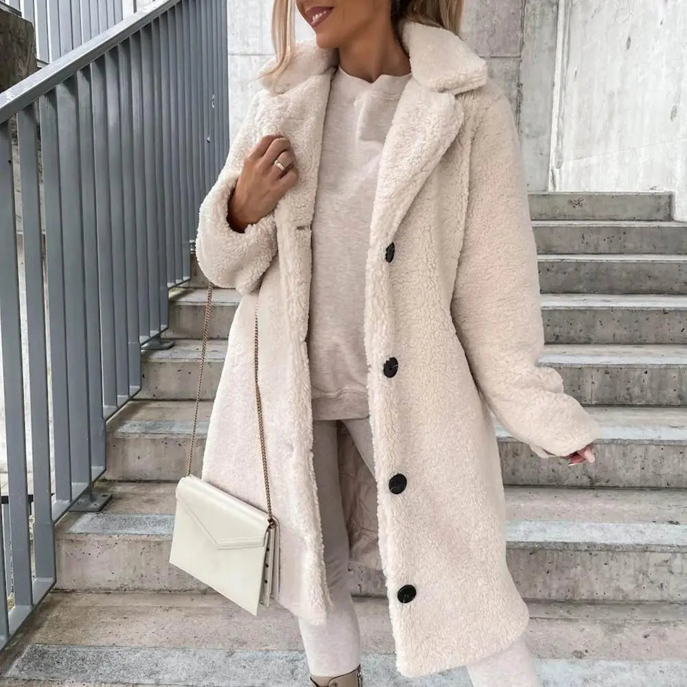 Trendy Women Overcoat Autumn Winter Women Trench Coat Long Style Pure Color Single-breasted Teddy Jacket  Windproof - reetell