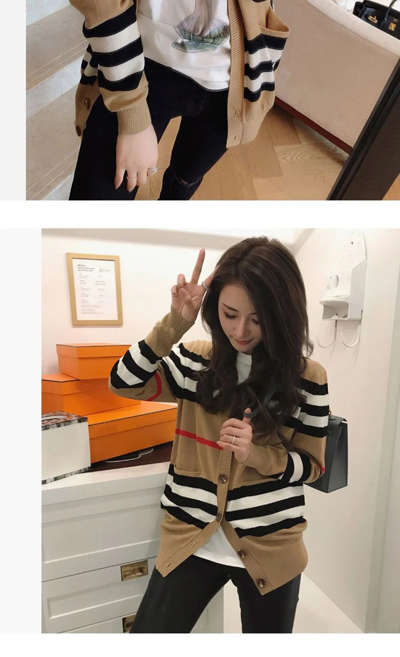 Women Striped Knitted Cardigan Fall Winter Loose Korean Sweater Casual Fashion Office Lady V Neck Single Breasted Design Top - reetell