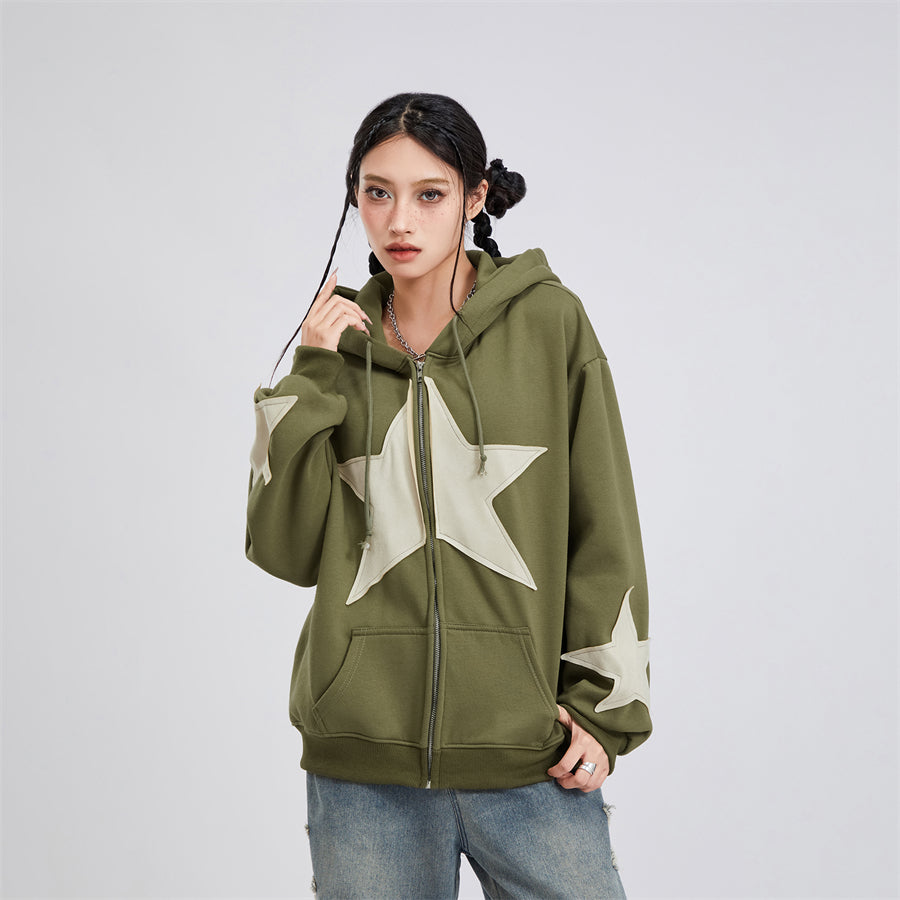 wsevypo Grunge Retro Star Print Hoodies Autumn Women's Long Sleeve Zip-up Hooded Sweatshirts with Front Pocket Street Outwear - reetell