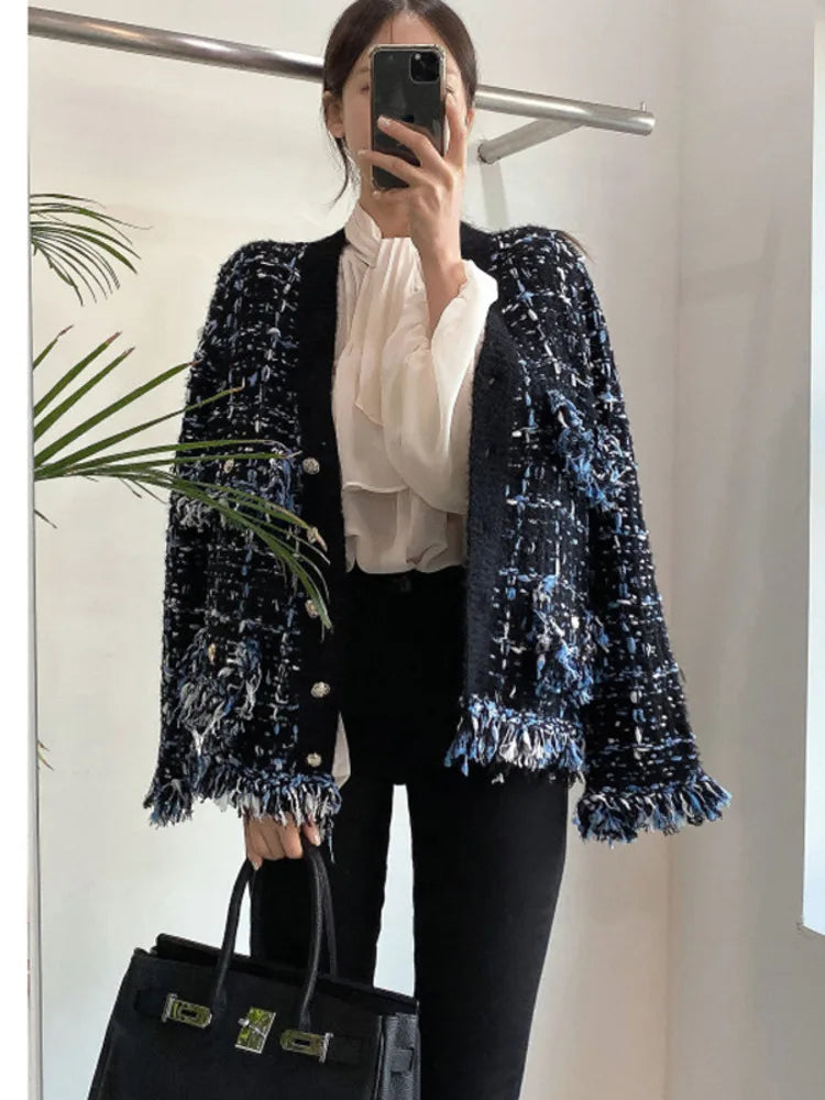 Korea Chic Autumn Winter V-Neck Tassel Wool Mixed Color Knitted Cardigan Coat Women's Loose Long Sleeve Sweater Knitwear 2023 - reetell