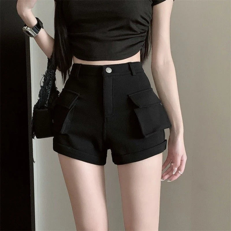 Zoki Korean Casual Cargo Shorts Women Pockets High Waist Streetwear Shorts Summer All Match Lady Simple Solid Slim Cargo Shorts - reetell