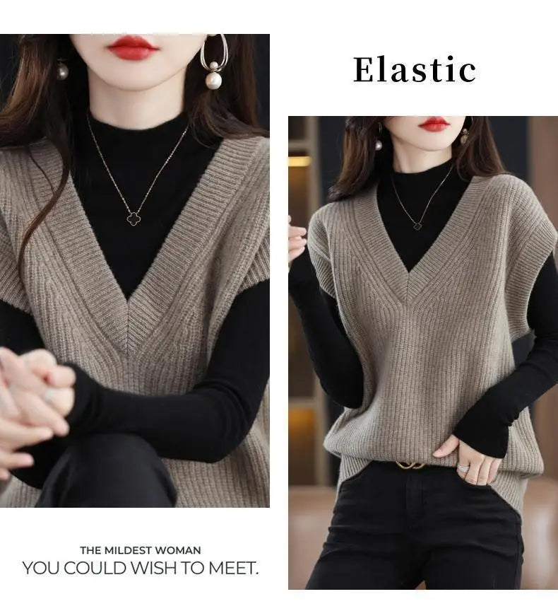 Knitted Jacket Sweater Women's Vest Sleeveless Coat Wool Blended V-Neck Pullover Spring Autumn Fashion Women's Top - reetell