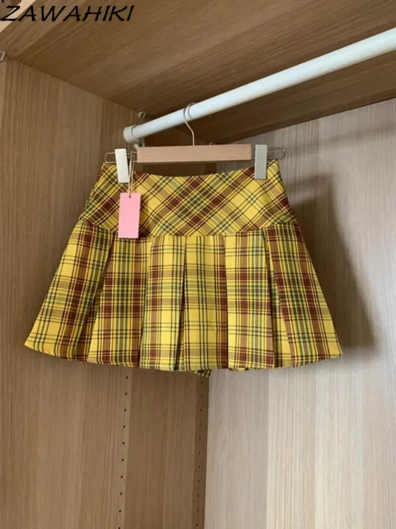 Pink Women's Plaid Patchwork Skirts Preppy Sweet Temperament Skirt Pleated High Waist Mujer Faldas Casual Office Lady Falda - reetell